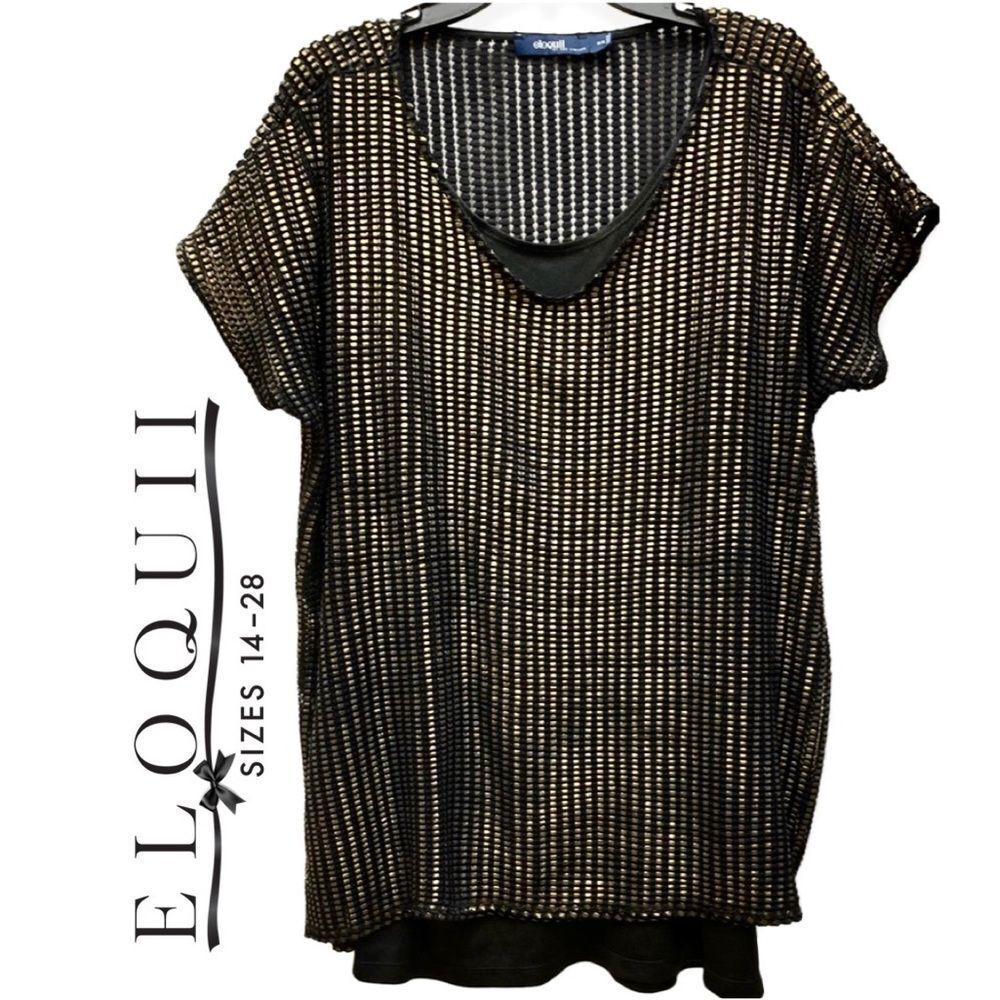 Eloquii by The Limited Short Sleeve Black Gold Crochet Net Top Plus Size 14/16